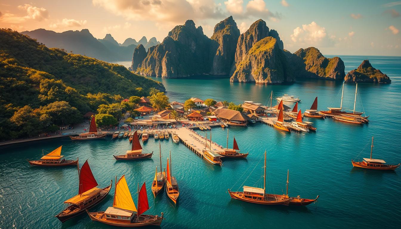 A breathtaking aerial view of the scenic Labuan Bajo harbor, framed by lush, verdant hills and crystal-clear turquoise waters. In the foreground, a cluster of traditional Bajo-style wooden boats with colorful sails dot the calm bay. The middle ground features a bustling marketplace, with local vendors offering an array of fresh seafood, spices, and handcrafted souvenirs. In the background, the iconic limestone cliffs of Komodo National Park rise majestically, creating a picturesque and serene backdrop. The scene is bathed in warm, golden sunlight, casting a soft, dreamlike glow over the entire landscape. The overall composition evokes a sense of tranquility, adventure, and the vibrant cultural heritage of this stunning Indonesian destination.