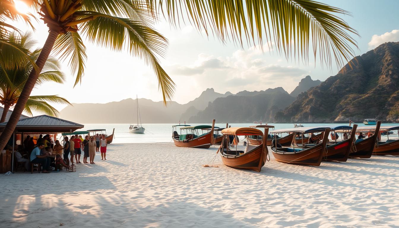 A serene beach landscape in Labuan Bajo, Indonesia, with traditional wooden boats moored along the shore. Soft golden light filters through swaying palm trees, casting gentle shadows across the powdery white sand. In the foreground, a group of people explore local cuisine and handicrafts at an open-air market, showcasing the vibrant culture of the region. The middle ground features a variety of tour operators offering excursions to nearby islands, with their boats bobbing gently in the azure waters. The background is dominated by rugged, verdant hills and the distant silhouette of Komodo National Park, a renowned destination for wildlife enthusiasts.