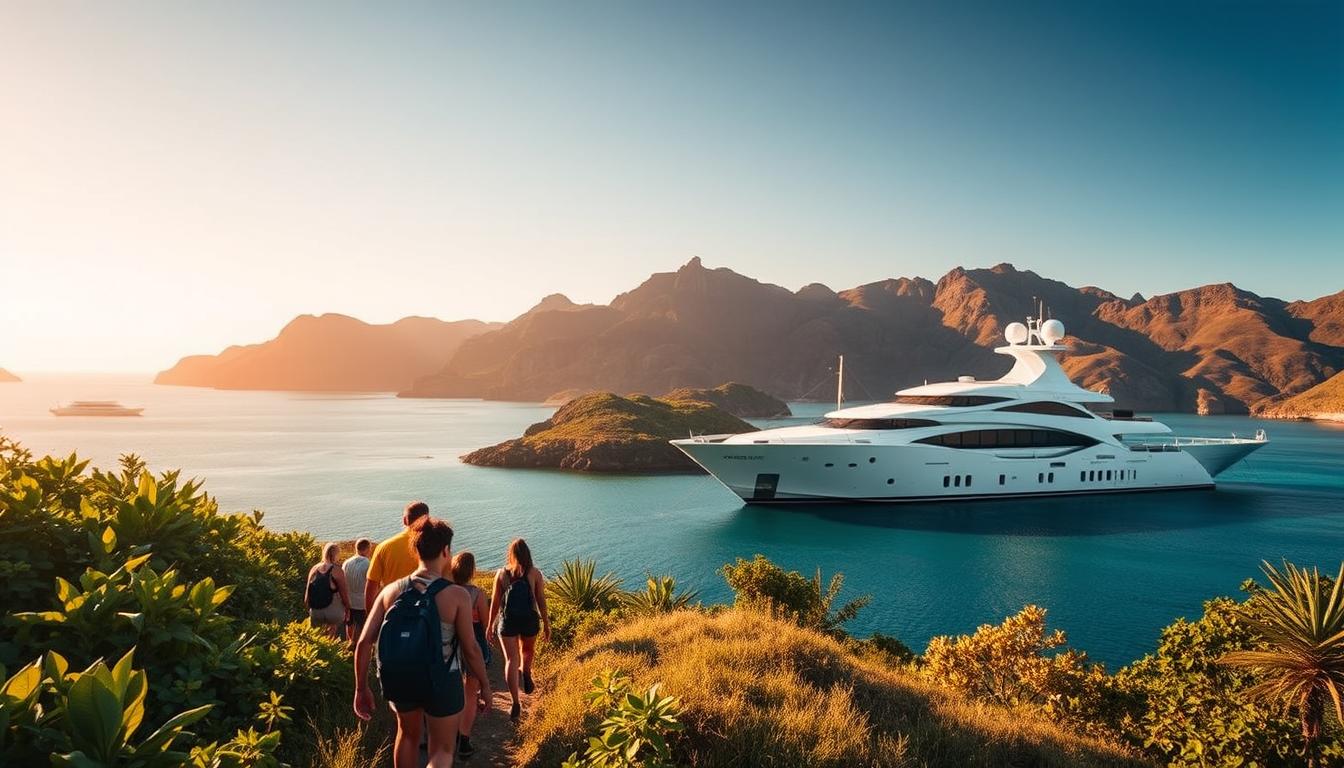 A stunning landscape of Labuan Bajo, Indonesia, showcasing the contrast between open and private trip experiences. In the foreground, a group of adventurous travelers explore a lush, verdant trail, capturing the essence of an open trip with its sense of camaraderie and shared discovery. The middle ground features a luxurious private yacht anchored in a secluded cove, its sleek lines and pristine white hull reflecting the tranquility of a personalized excursion. In the background, the majestic Komodo National Park backdrop, with its rugged, sun-dappled hills and turquoise waters, sets the stage for both types of Labuan Bajo experiences. The lighting is warm and golden, evoking a sense of tropical paradise, while the composition draws the viewer's eye to the juxtaposition of the open and private trip options.
