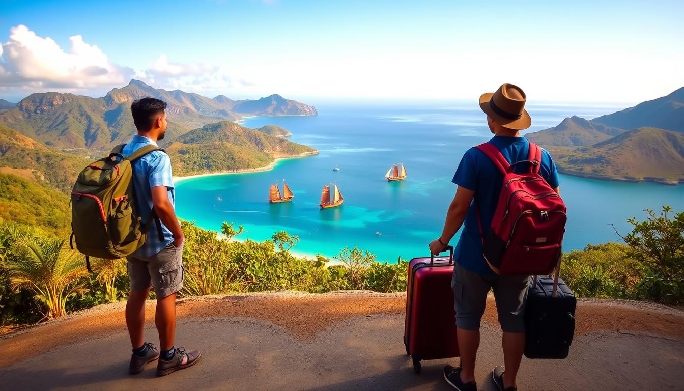 Paket open trip vs private trip labuan bajo, showcased against a serene landscape. In the foreground, two travelers stand at a crossroads, one with a backpack and the other carrying a suitcase, symbolizing the choice between an open group tour or a personalized private excursion. The middle ground features the stunning turquoise waters and lush, verdant hills of Labuan Bajo, with traditional Phinisi sailing boats dotting the horizon. The background is bathed in warm, golden light, creating a sense of adventure and exploration. The scene is captured with a wide-angle lens, emphasizing the vastness of the natural surroundings and the contemplative mood of the travelers as they decide the best path forward.